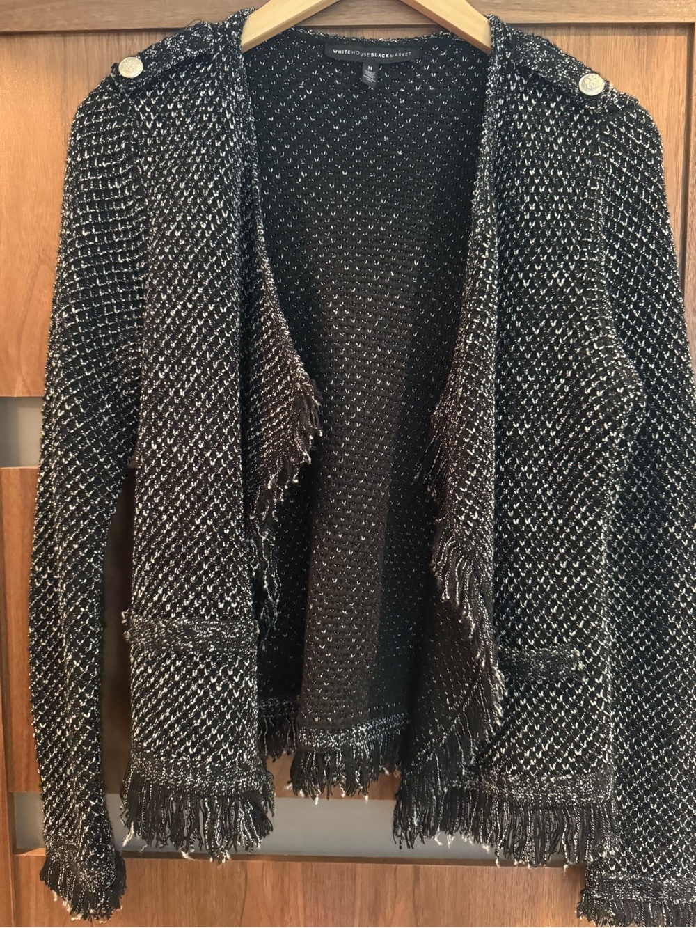 White House Black Market Black & Silver Fringe Tweed Open Cardigan